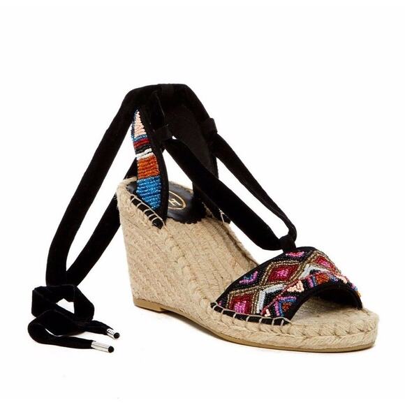 ASH Paola Espadrille Black Multi Beaded Lace Up Wedge Open Sandals Shoes 36 $198 - Picture 1 of 9